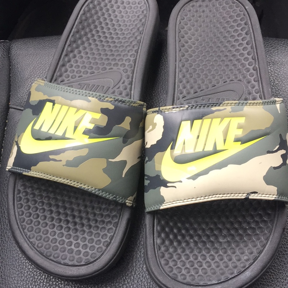 Army green camo Nike slides